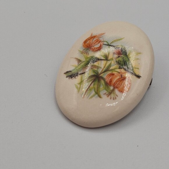 VTG Ceramic Porcelain Cabochon Transferware Flora Fauna Hummingbird Brooch Pin - Picture 8 of 10